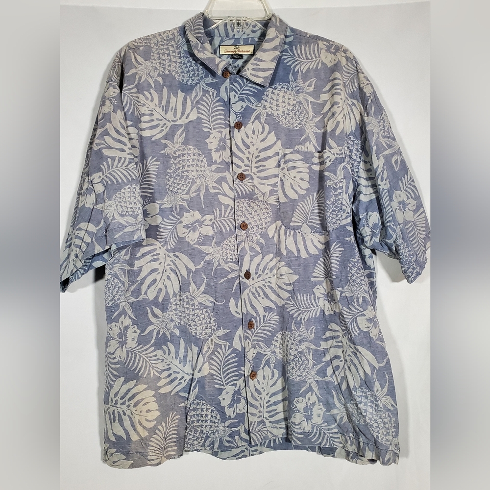 TOMMY BAHAMA FLORAL PINEAPPLE HAWAIIAN 100% SILK WOOD BUTTONS SHIRT MENS XL